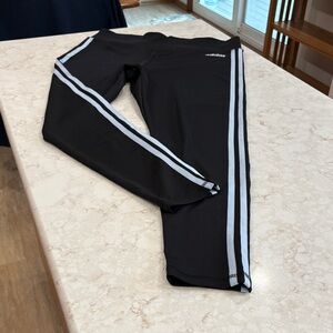 Adidas Women’s XL Climalite Black Leggings with triple light blue Stripes